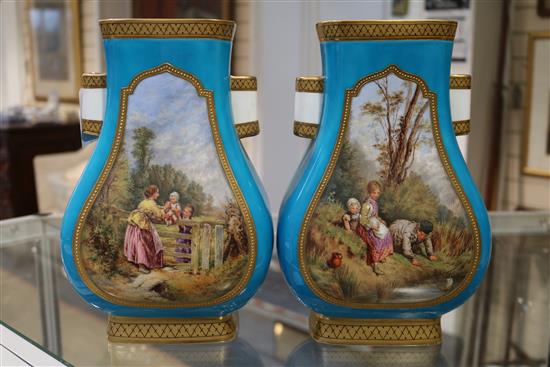 A pair of Minton porcelain flattened baluster vases, c.1880, height 10in.